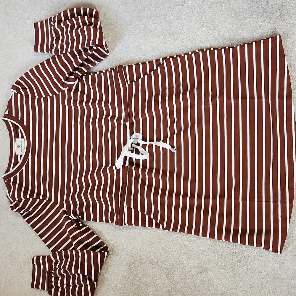 Stripe Tie Waist Pocket Sweatshirt Dress - RUST  NWOT Small